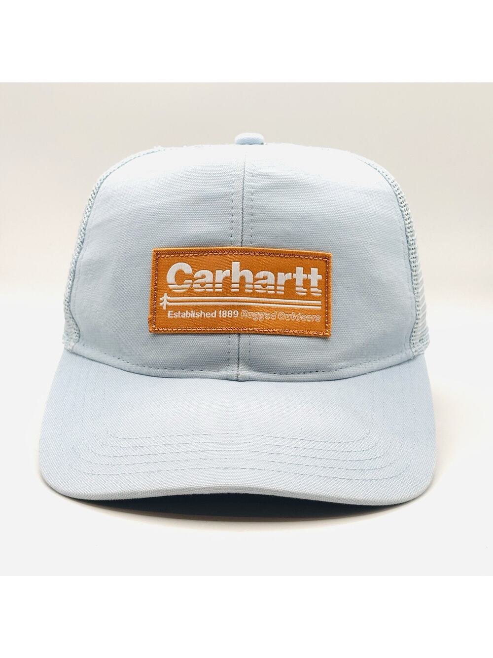 Men's Carhartt Light Blue Trucker Hat with Orange Patch - Excellent Condition